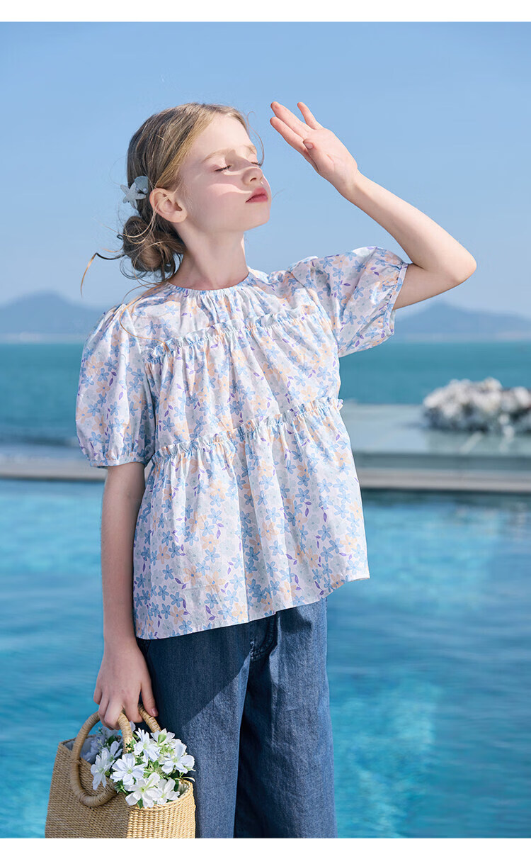 CHANZUIGOU Girls' Floral Doll Collar Shirt 2026 Summer New Pure Cotton Sweet Shirt 23